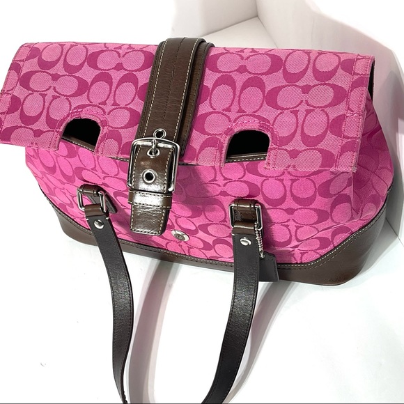 Coach Pink Signature C Canvas Leather Footed Shoulder Bag Handbag - Picture 2 of 14